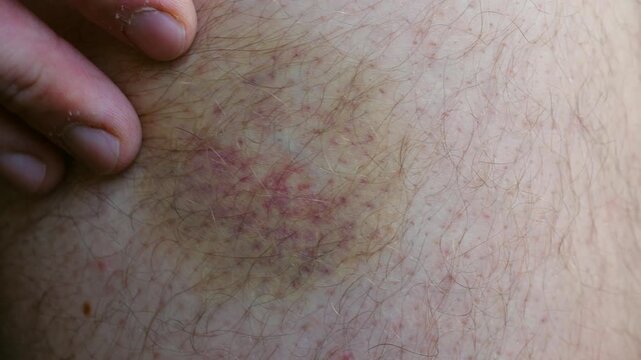 Close up man fingers examining painful bruise with visible subcutaneous bleeding on hairy part of body, revealing details of skin injury and discoloration. Person inspecting a hematoma on hairy skin