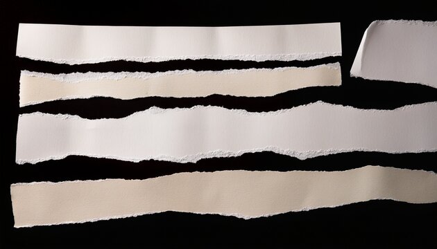 several off white torn paper strips intersect against a solid black background