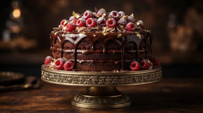 Delicious dark chocolate cake topped with fresh red raspberries on a decorative gold cake stand for a fancy celebration