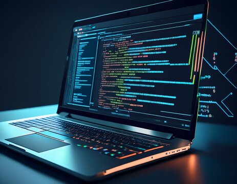 close up of programming code on a laptop screen software developer workspace with dark editor interface and blinking cursor
