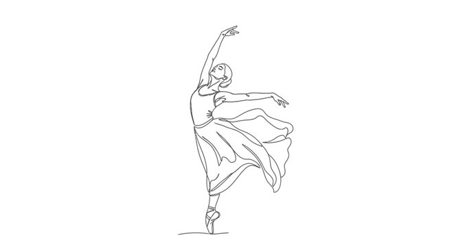 Minimalist black and white line art drawing of a graceful ballerina dancing in a flowing dress on a white background