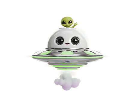 Smiling white alien ufo spaceship with green glowing lights and exhaust cloud designed for futuristic sci-fi stickers and playful extraterrestrial illustrations.