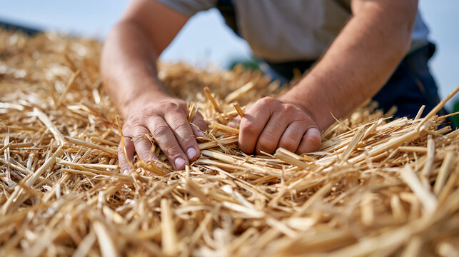 Close up of a thatcher's hands weaving straw across a cottage roof ridge under heavy overcast sky, textured natural material pressed with deliberate repetitive motion, the sensory friendly rhythm of