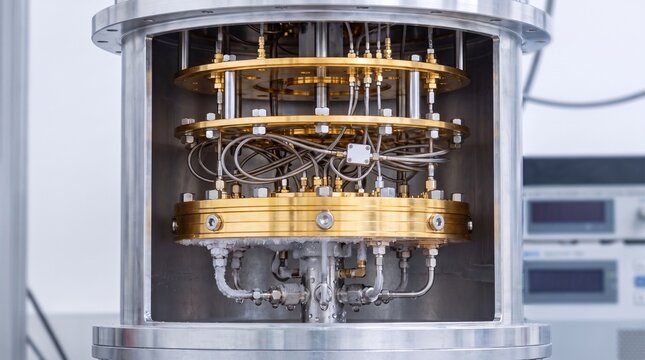 El interior plateado y cil&iacute;ndrico de un criostato de diluci&oacute;n para computaci&oacute;n cu&aacute;ntica
