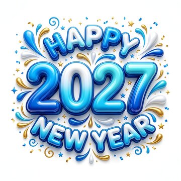 Happy new year 2027 blue balloon typography with festive confetti and celebration design