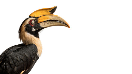 Exotic hornbill bird with a large yellow beak isolated on a white background © Anatoli