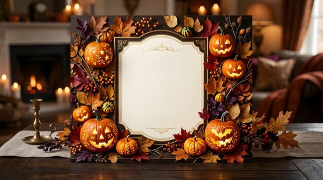 Empty picture frame decorated with festive pumpkins and autumn leaves for a cozy halloween home interior background