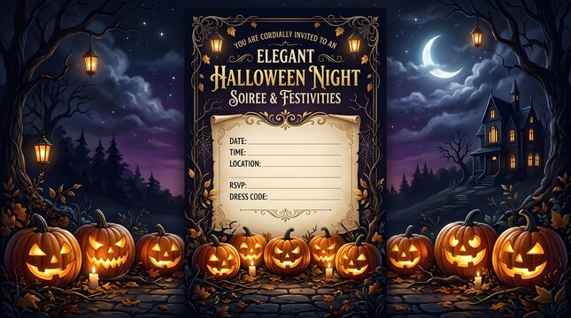 Elegant halloween night party invitation template with glowing jack o lanterns and a spooky haunted house background