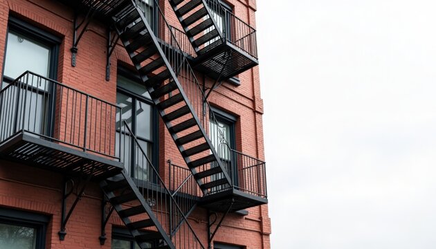 Exterior view of red brick apartment building with black metal fire escape stairs and balconies, urban architecture highlighting emergency exit and metalwork. Useful for articles about city living,