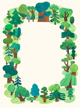 Wedding Birthday Poster Invite Border Background Trees Woodland Forest Nature Natural on Cream Background Texture Painting