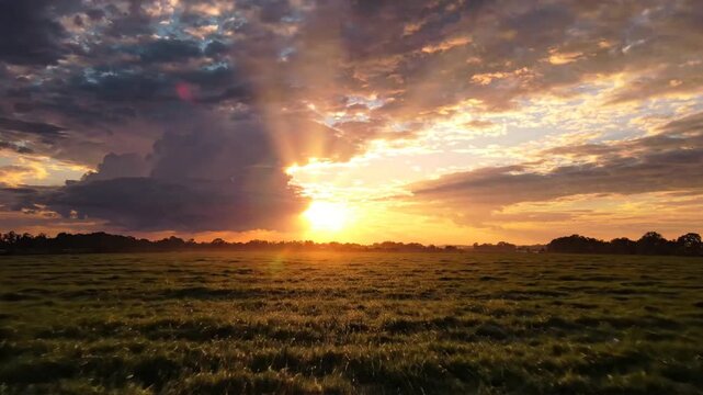 Vibrant Sunset with Sunbeams over Green Meadow