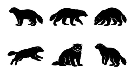 Fototapeta premium Wolverine Silhouettes, Set of Six Animal Icons, Wild Mammal Vector Graphics for Nature and Wildlife Design