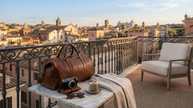 A comfortable terrace balcony with a leather bag and coffee cup overlooking an old european city skyline at golden hour