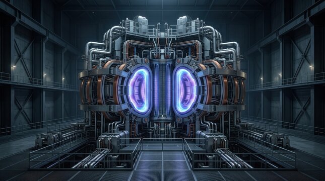 Futuristic nuclear fusion reactor core emitting intense blue plasma energy within high-tech industrial facility