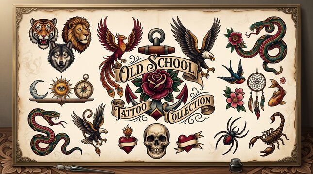 Old school tattoo collection flash sheet. Vintage traditional tattoo art set with anchor, eagle, and skull. Retro ink illustrations for studio decor.