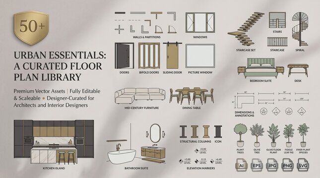Urban essentials floor plan library, 50 plus architectural vector assets, interior design furniture symbols for blueprints