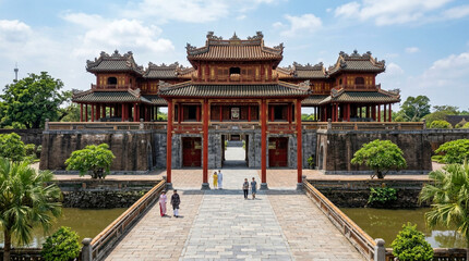 Fototapeta premium Imperial Citadel Gate, Hue, Vietnam - Traditional Architecture, Tourists
