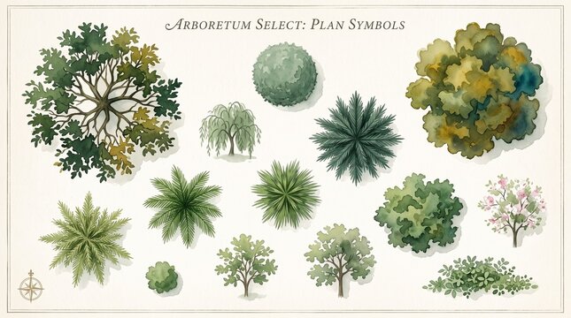 Arboretum Select plan symbols, watercolor landscape architecture trees, top view garden design elements, botanical site map icons