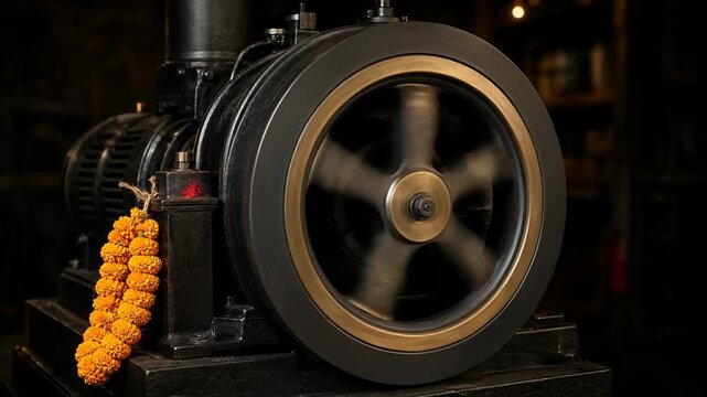 Antique Industrial Machine with Spinning Flywheel and Marigold Garland