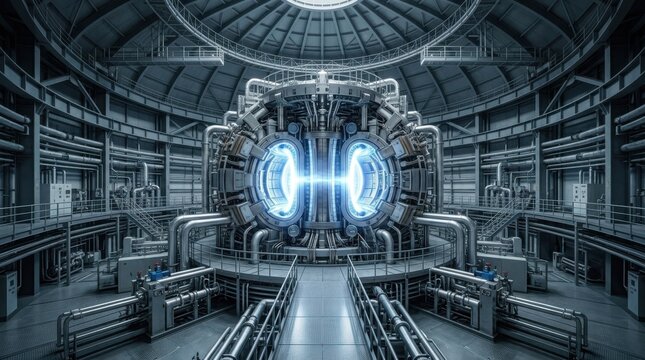 futuristic nuclear fusion reactor core glowing with intense plasma energy inside high-tech containment facility