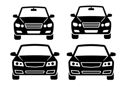 A collection of four black silhouette illustrations depicting contemporary automobiles positioned facing forward against a plain white backdrop