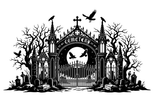 Haunted gothic gate with eerie moon and crows