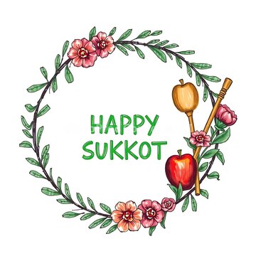Image is a digital illustration with a circular layout featuring a festive theme. At the center, bold green text reads 'HAPPY SUKKOT' in a sans-serif font. Surrounding the text are various symbolic el