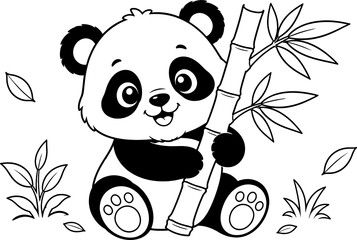 Cute baby panda holding bamboo with leaves black and white line art isolated on transparent background © Mansura