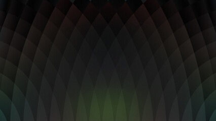 Dark moody geometric background featuring elegant overlapping arching curves and fish scale patterns with subtle green glow and fine grainy texture for mysterious dramatic visual design. © Sumon
