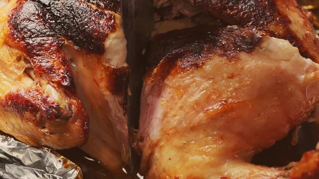 A woman's hands use a knife to cut a whole roast turkey with its crust on foil. Medium shot.