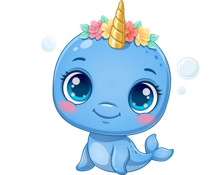 Baby narwhal with gold unicorn horn and floral crown floating in ocean water cute cartoon style vector design element for children birthday party invitations.