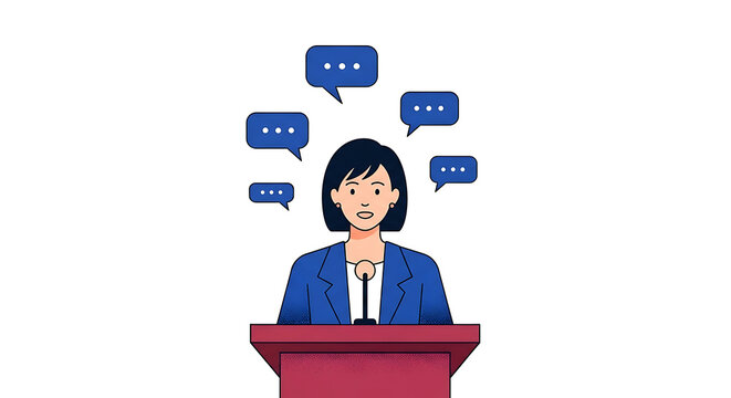 A professional woman presenter standing at a podium delivering a public speaker session with speech bubbles representing communication and feedback