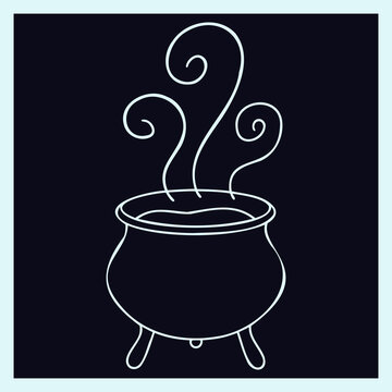 Smoking witch cauldron outline graphic with swirling vapors for magical fantasy concept during halloween party or occult creative theme.