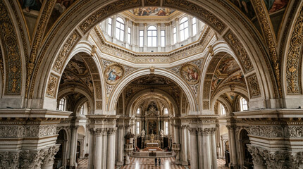 Naklejka premium Grand Baroque Cathedral Interior with Ornate Gold and Marble Architecture