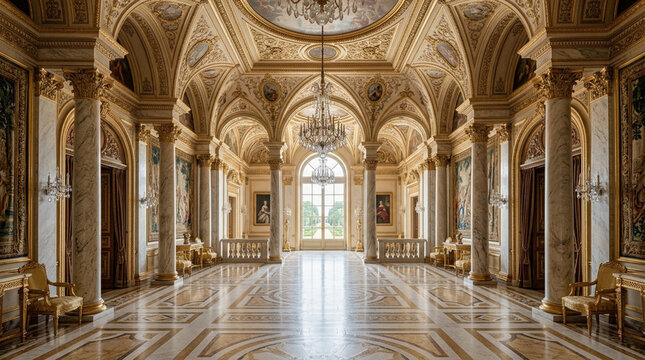 Grand Ballroom Interior, Ornate Golden Decor, Marble Columns, Crystal Chandelier