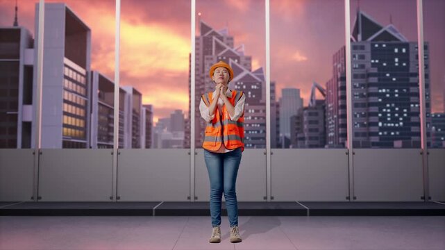 Full Body Of Asian Female Engineer With Safety Helmet Pray For Something While Standing at Office with Panoramic City Skyline at Sunset