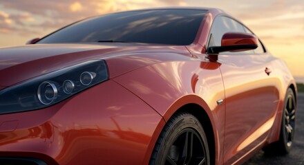 Fototapeta premium Sports car front view parked outdoors during golden hour sunset with glossy metallic finish