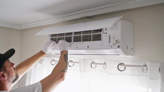 Technician wearing gloves removing a dirty filter from an air conditioning unit for hvac cleaning service, maintenance, and repair, ensuring indoor air quality