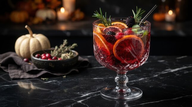 A refreshing festive holiday cocktail with orange slices and rosemary in a glass on a dark wooden table with a small pumpkin