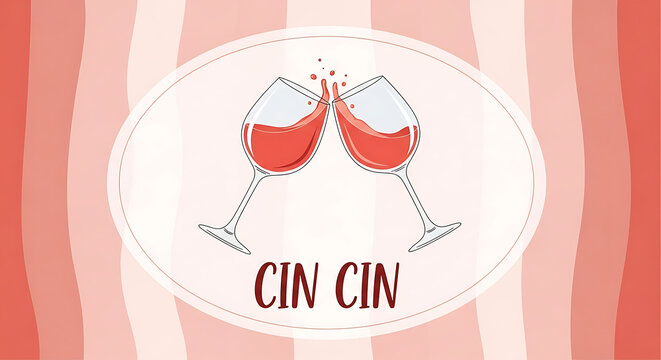 A festive illustration of two wine glasses clinking for a celebratory toast with cin cin text and splashing red wine on a wavy pink background