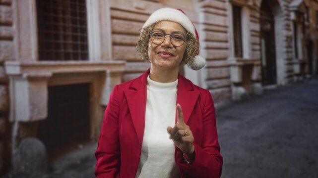 Woman in santa hat points finger at camera on street, red jacket and glasses visible; festive cheer.
