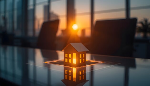 Illuminated miniature house model resting upon reflective office table during golden hour sunset view with placed reflective surface displays small glowing