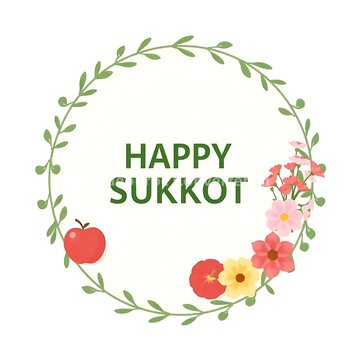 Image is a digital illustration with a circular layout featuring a festive theme. At the center, bold green text reads 'HAPPY SUKKOT' in a sans-serif font. Surrounding the text are various symbolic el