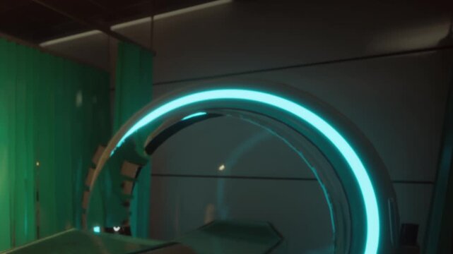 A circular portal device is shown in a room with bright lights. The device appears futuristic and is set against a smooth wall in a tech themed environment.