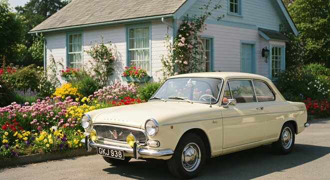 Vintage Volvo Amazon parked in front of a white house with a colorful flower garden