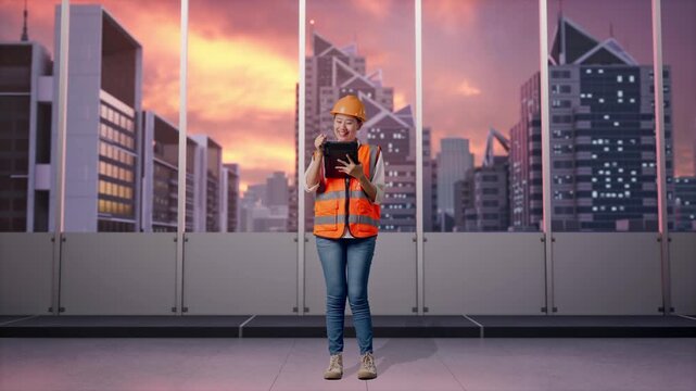 Full Body Of Asian Female Engineer With Safety Helmet Taking Note On The Tablet And Looking Around While Standing at Office with Panoramic City Skyline at Sunset