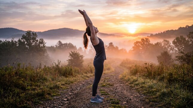 Woman practicing yoga with arms raised high at sunrise in nature wellness meditation