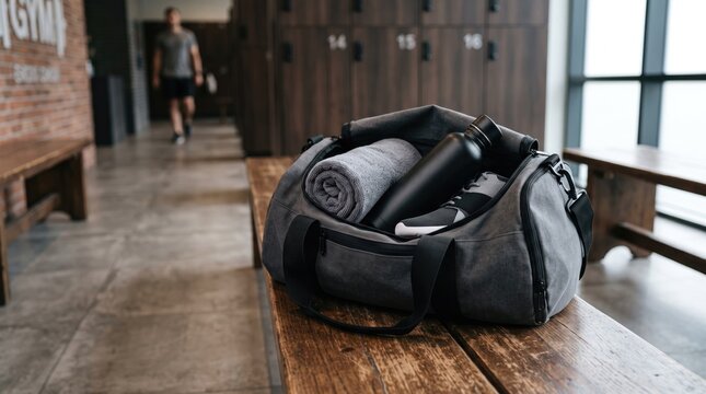 Gym bag with workout gear sitting on a locker room bench equipment training exercise