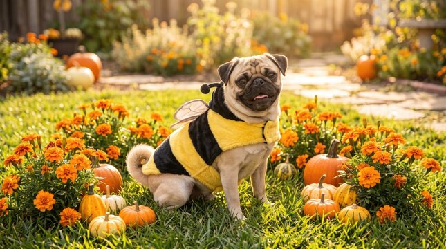 Cute pug dog dressed as a bee sitting in a garden with pumpkins halloween pumpkins