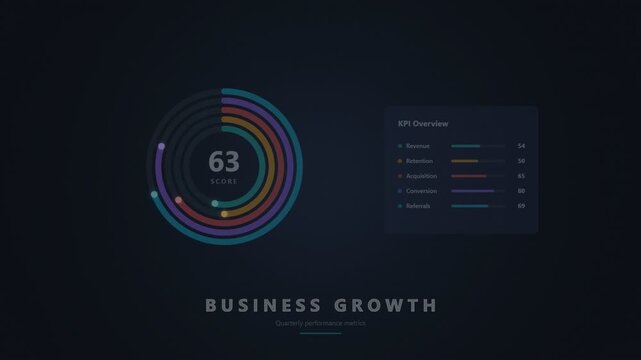 Business growth data dashboard with circular kpi performance metrics animation